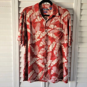 CAMPIA Red and White Tropical Print Rayon Button-down Short Sleeves Shirt Size L